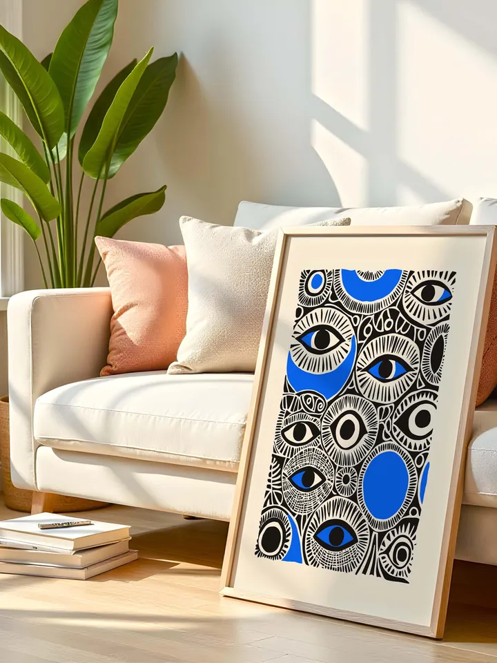 Abstract Eye Collage Print, Surreal Eye Wall Art, Bold Blue Black Poster, Eclectic Eye Decor, Whimsical Illustration, Digital Download