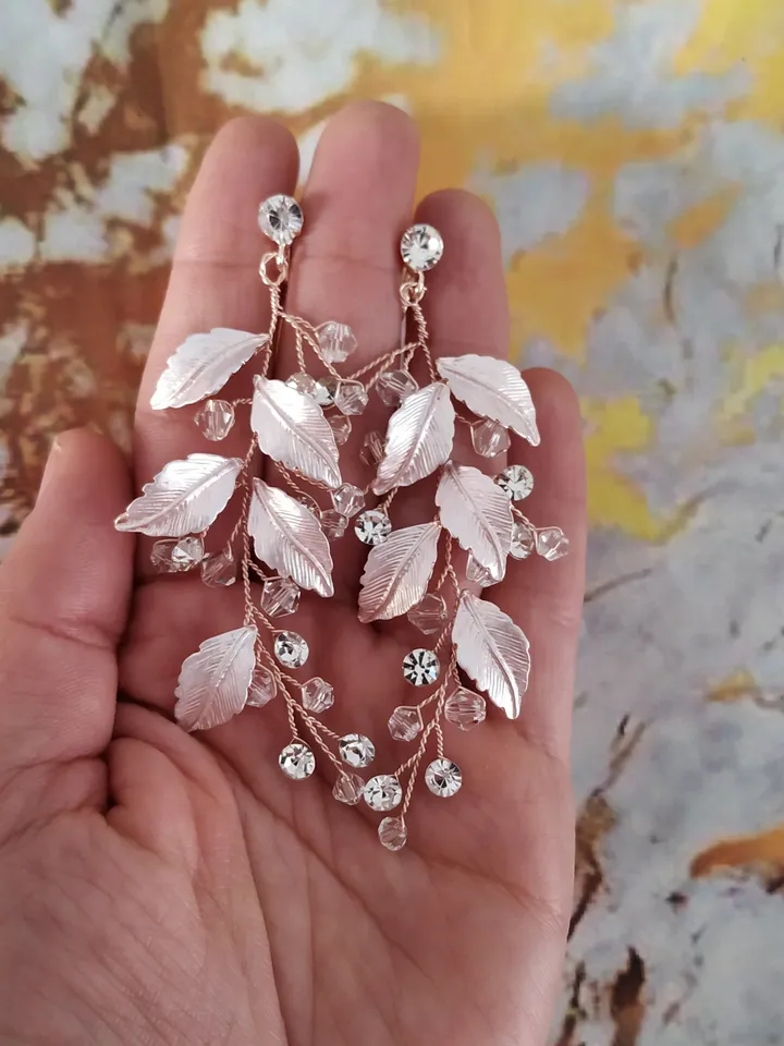 Swarovski Crystal Bridal Drop Earrings | Leaf Wedding Earrings | Boho Crystal Drop Earrings | Rose Gold Crystal Statement Wedding Earrings