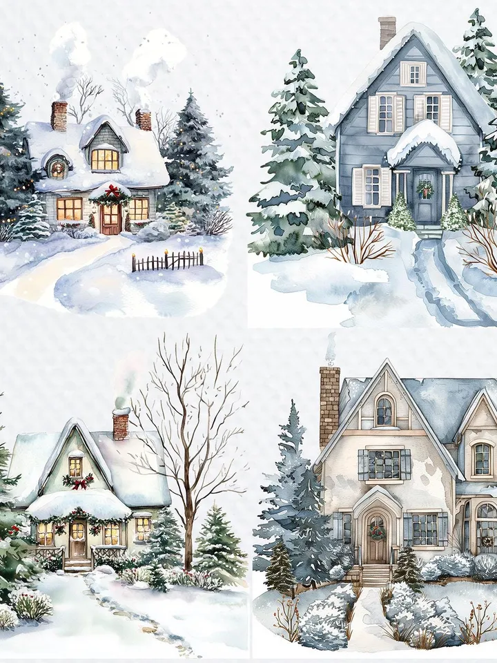 20 Christmas House PNG Bundle, Christmas Card Clip Art, Printable Watercolor Winter House clipart for sublimation, Paper craft, junk journal