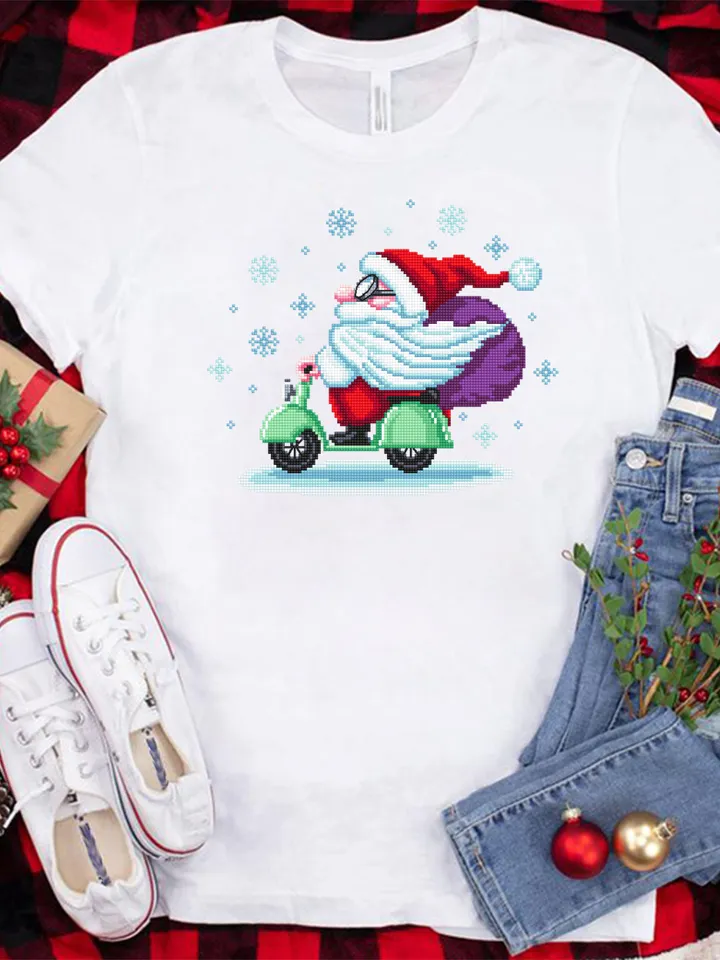 Funny Christmas santa cross stitch pattern download PDF, Santa Claus cross stitch chart, Winter holiday embroidery, Santa on motorbike #N65