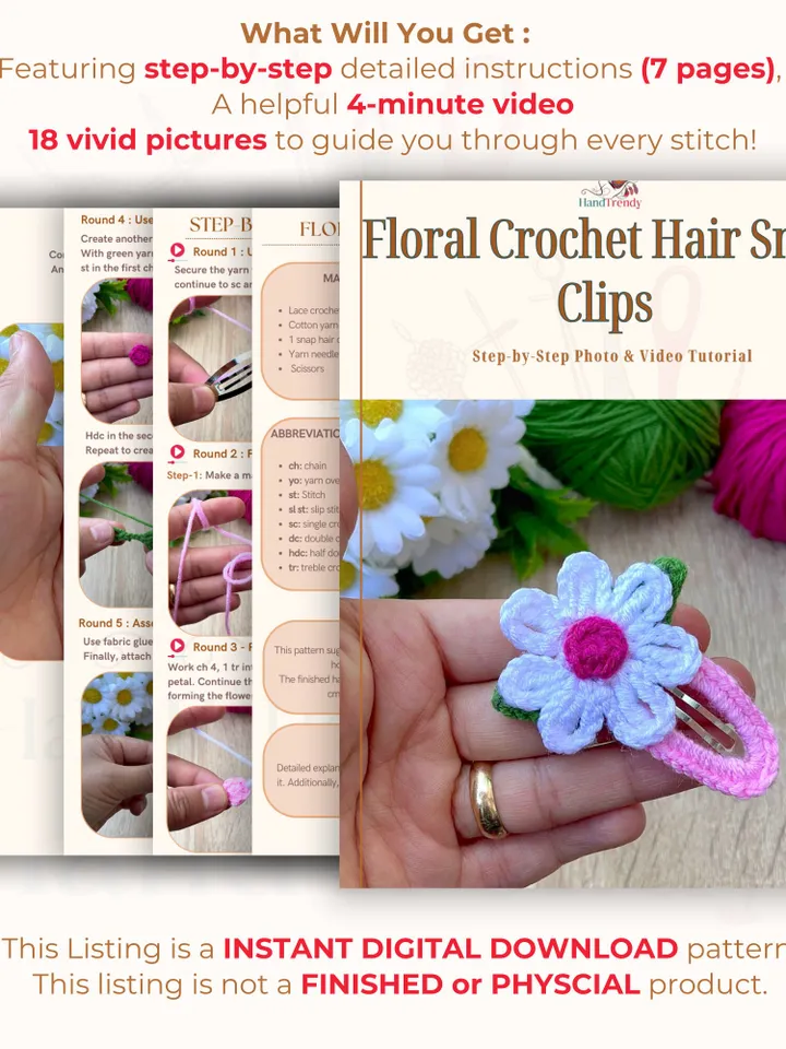 Floral Crochet Hair Snap Clips for Girls - Baby Hair Barrettes Pattern
