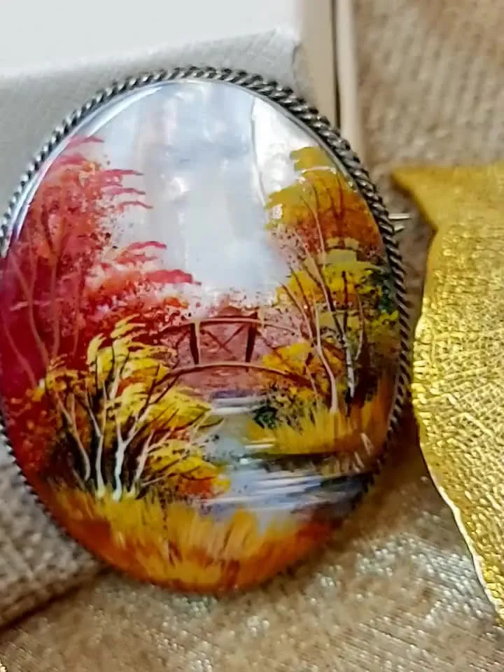 Brooches for women: Fall season in enchanted forest on pearl brooch • Red and orange handmade seashell pin • Dainty bright brooch for dress