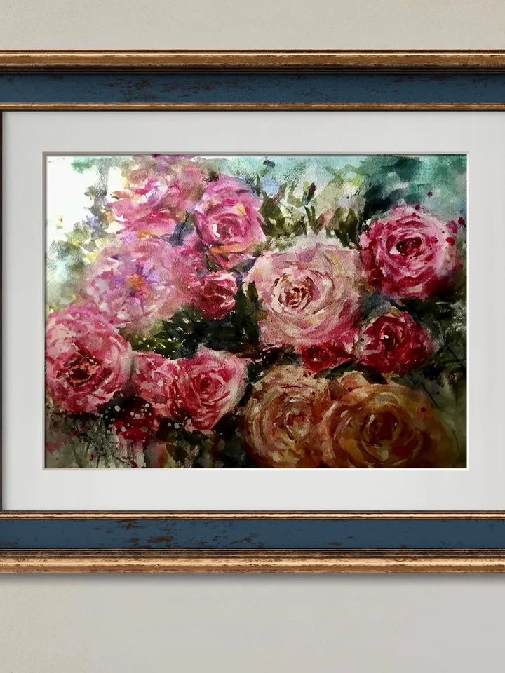 Roses garden poster from original watercolor,flowers painting,bouquet of pink and yellow roses,wall hanging,floral home decoration gift.