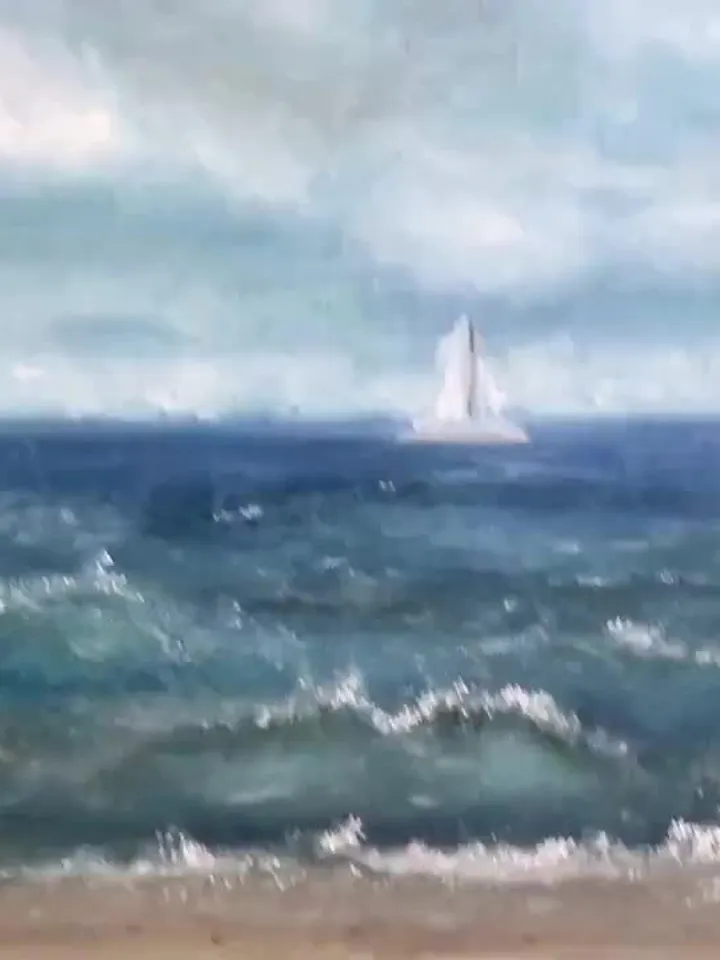Seascape with a boat painting,Baltic sea and a beach,oil painting,stretched canvas.
