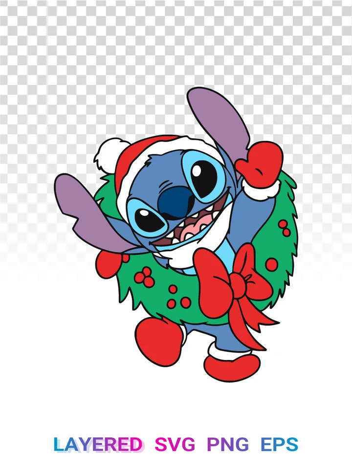 🎄 Stitch Christmas Wreath SVG, Disney Santa Hat PNG Cricut