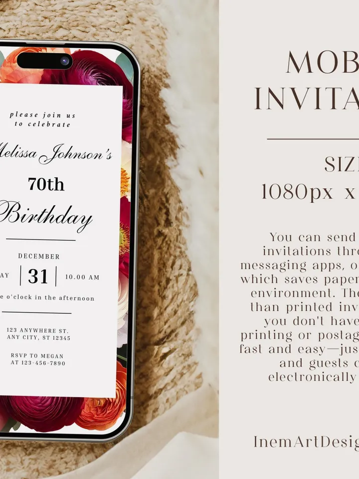 70th Birthday Invitation Elegant Floral Birthday Evite, Burgundy Peach Ivory Ranunculus Eucalyptus 75th Printable Invite canva template