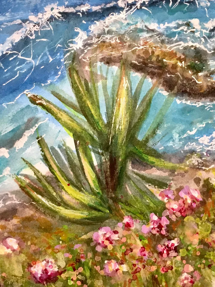 Canarian islands -Set of 2 watercolor paintings,Tenerife famous beaches original watercolor paintings,holidays,ocean,rocks,palms,waves