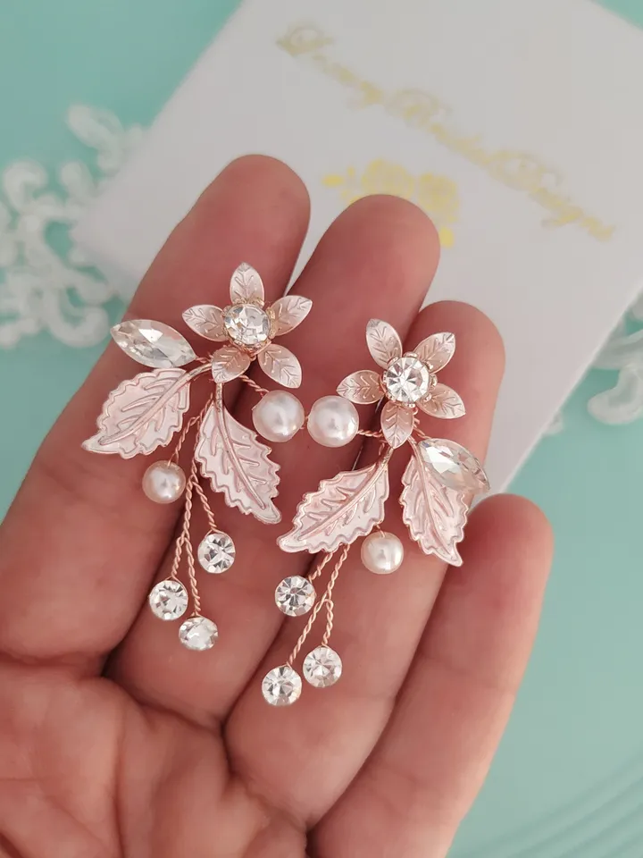 Rose Gold Floral Bridal Earrings, Crystal Wedding Earrings, Floral Jewelry Set, Pearl Jewelry, Boho Wedding Earrings, Statement Earrings
