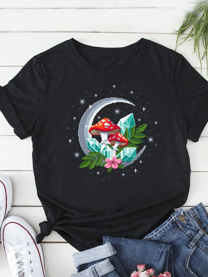 Magic mushroom moon cross stitch pattern PDF download Amanita mushroom cross stitch chart, Mystical crystal moon embroidery, Fly agaric #L53