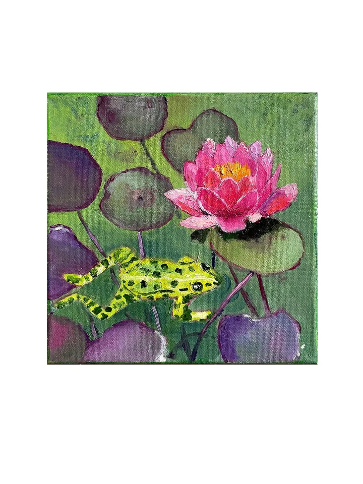 Lily Pond Painting, Original Oil Painting on Canvas, Lotus and Frog Fine art