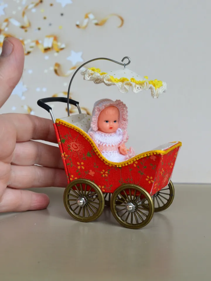 Miniature toy stroller for a little doll. Handmade miniature stroller for small dolls. Stroller for dolls 2,76"(7 cm.)