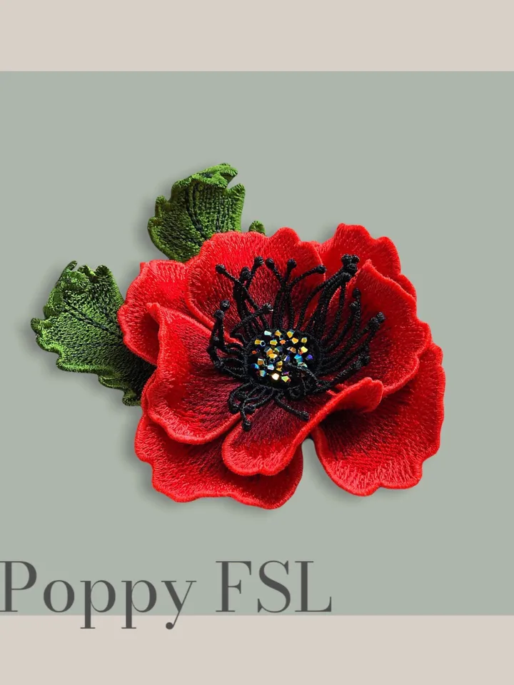Poppy Brooch Hairpin FSL Machine embroidery design Digital embroidery pattern Free standing lace flower file