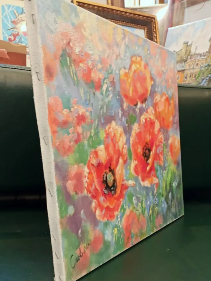 Poppy Painting Original Art Red Flower Impressionism Artwork Blooming Meadow