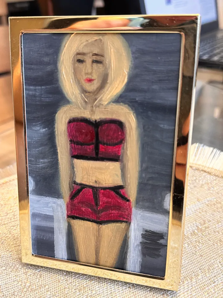 Oil Painting Portrait of a Woman in a Crimson suit Figurative Miniature Cardboard 6x4 inches 15 cm x10 cm In a gold frame Feminist Art Modern Art Impressionism Wall Decor