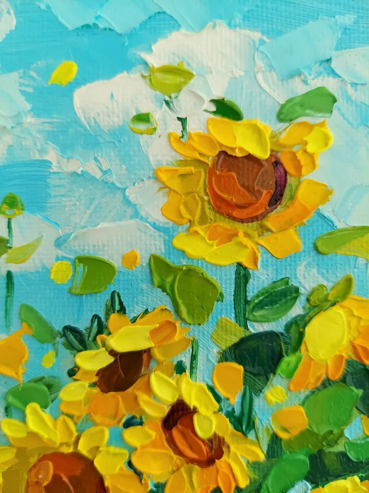 Sunflowers In The Field. Original Art. 6x6 inches.