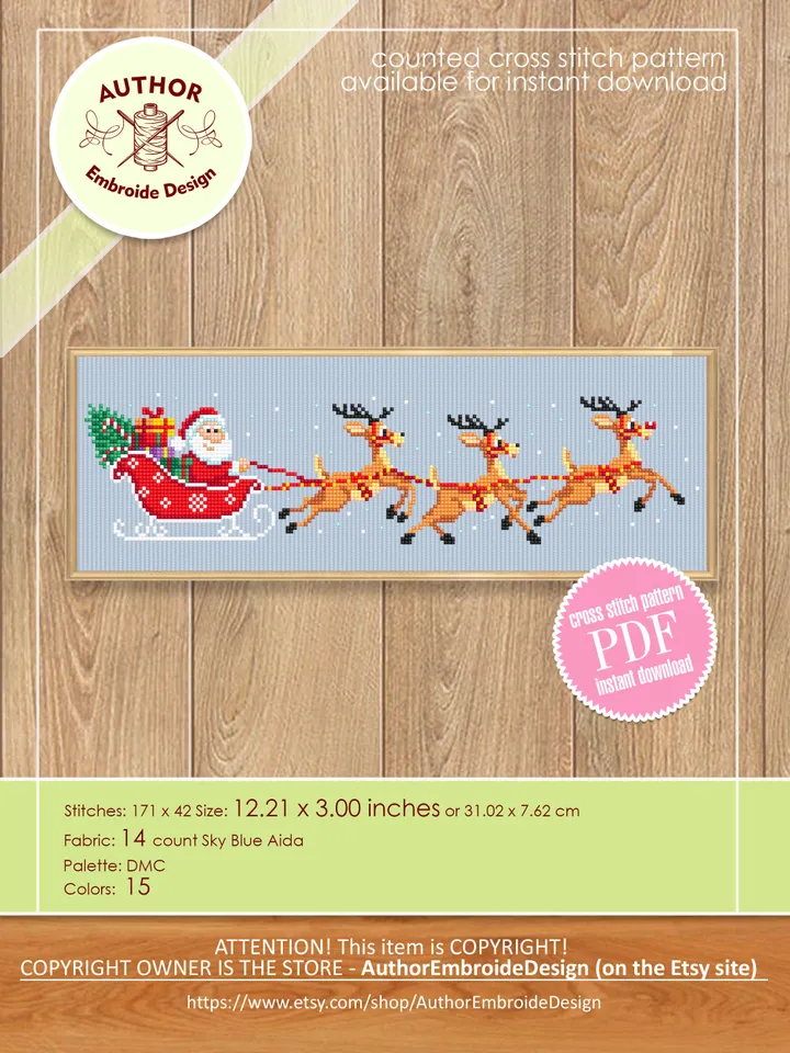 Christmas Santa sleigh and reindeer cross stitch pattern PDF download Deer cross stitch, Christmas pattern digital PDF Flying reindeer #N133