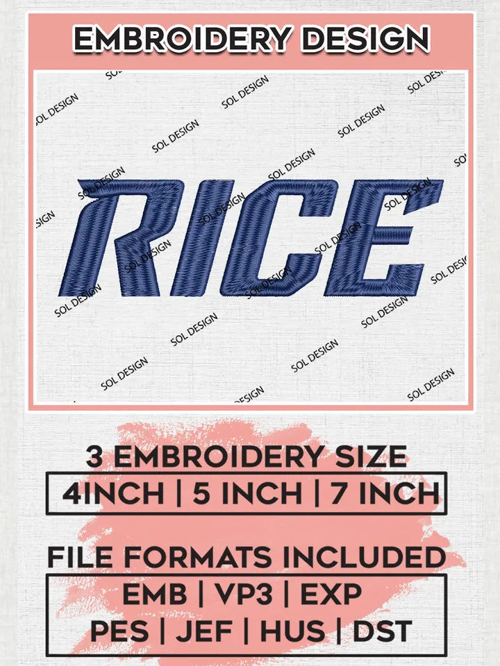 NCAA Rice College Team Word Logo Embroidery Design Files, NCAA Rice Owls Machine Embroidery, NCAA Teams, 3 sizes, NCAA Machine embroidery designs, Digital Download