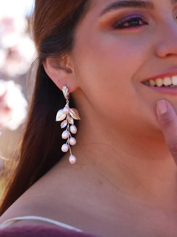Long Boho Wedding Earrings, Freshwater Pearl Silver Bridal Earrings, Chandelier Statement Wedding Earrings, Swarovski Jewelry For Bride,