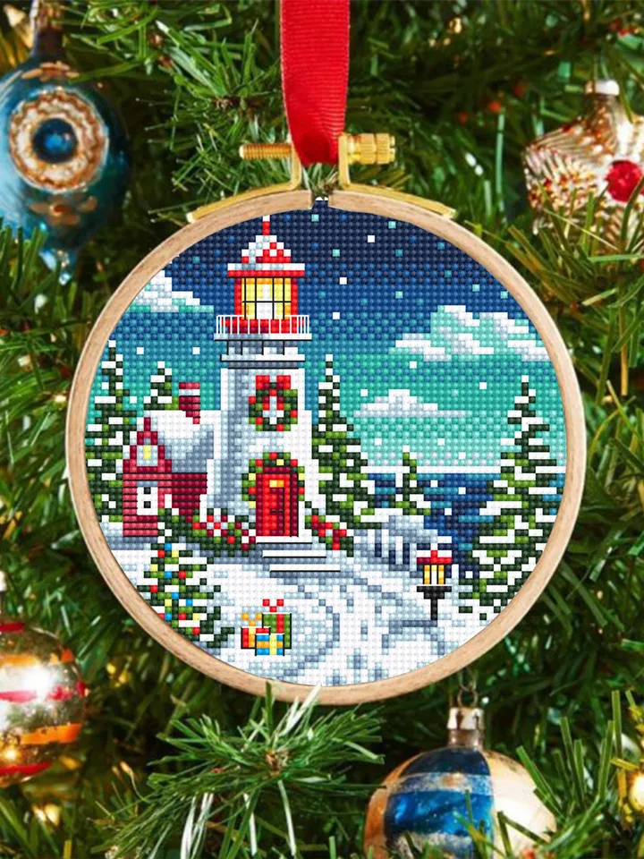 Christmas lighthouse cross stitch pattern PDF download Winter landscape cross stitch chart, Christmas pattern digital PDF Winter house #N186