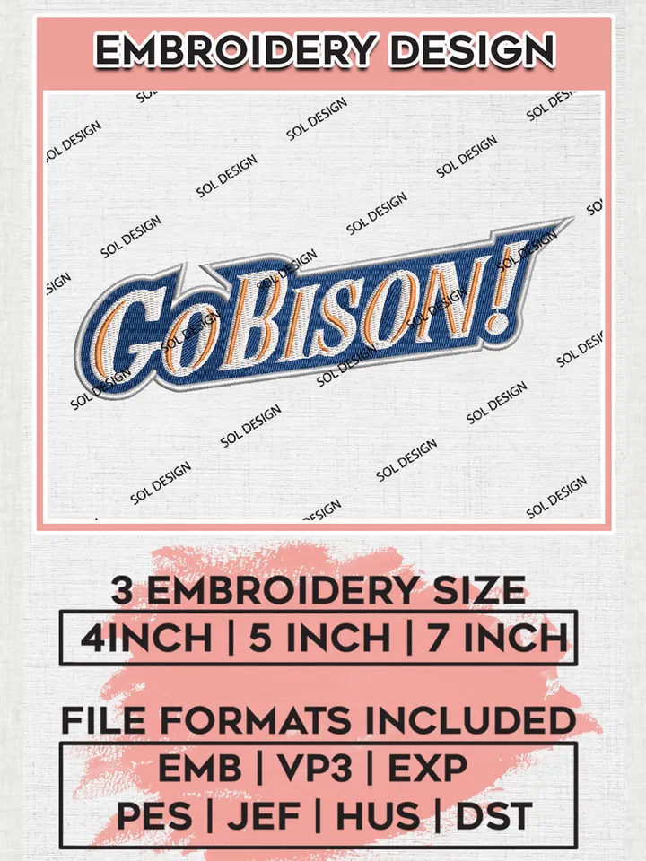 NCAA Go Bison Team Writing Logo Embroidery Design Files, NCAA Bucknell Bison Machine Embroidery, NCAA Teams, 3 sizes, NCAA Machine embroidery designs, Digital Download