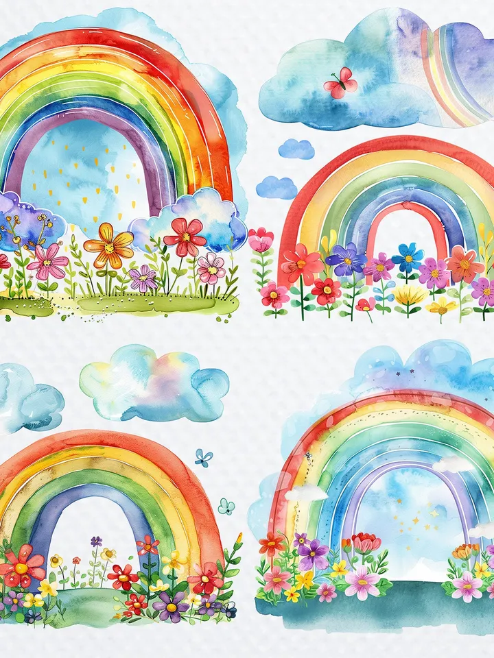 12 PNG Rainbows with Flowers Bundle, Nursery Watercolor Rainbow, Cute Rainbow clipart for sublimation, Digital download, Paper craft