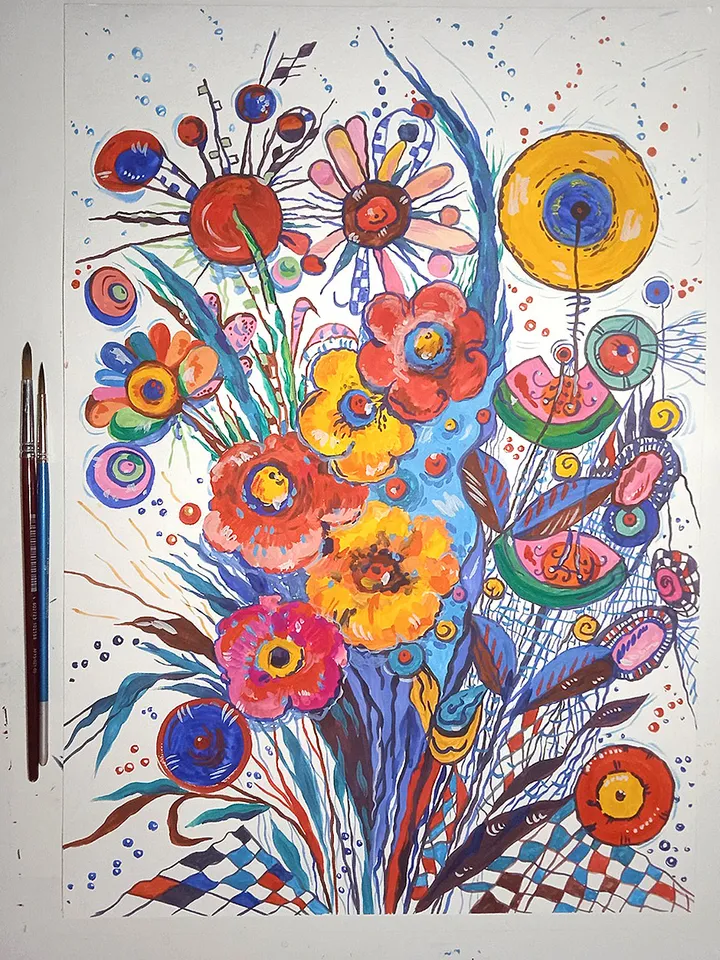 Kandinsky Flowers Style Abstract Original Art Floral Artwork Kandinsky Painting 16.5 by 11.5 Above Sofa Art by TatianaArtShop