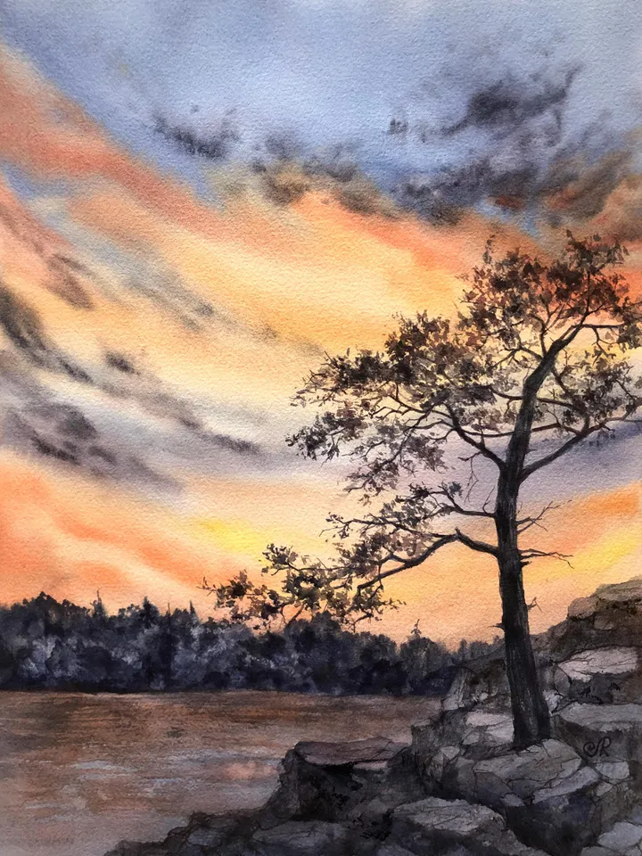 Sunset Original Painting Forest Watercolor Painting Trees Landscape Wall Art