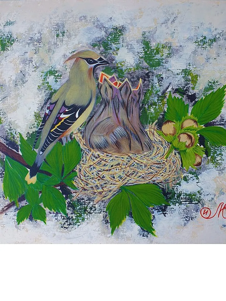 Waxwing Painting Bird Original Art Bird Nest Wall Art Animal Acrylic Painting