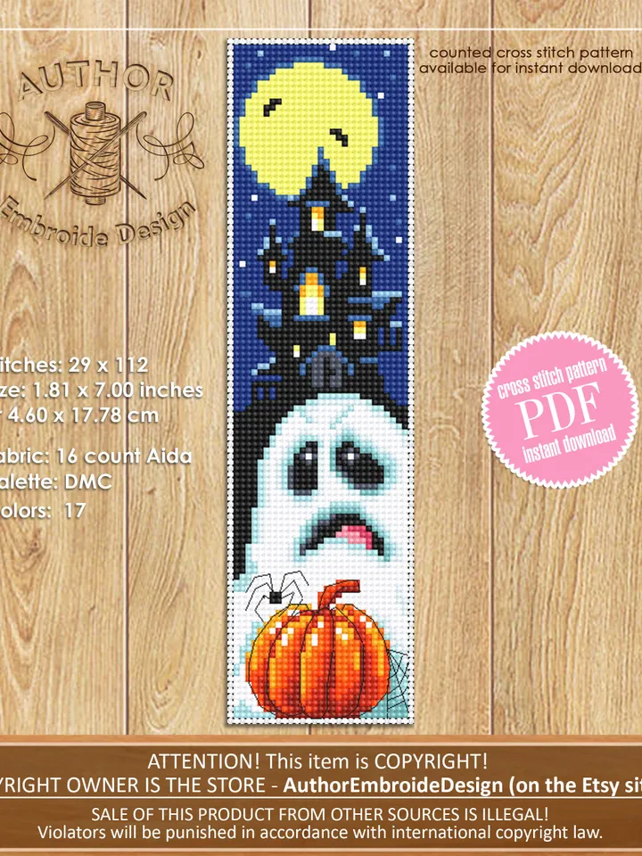 Halloween bookmark cross stitch pattern PDF download Halloween pumpkin cross stitch chart, Bookmark pattern digital, Book accessories #B337