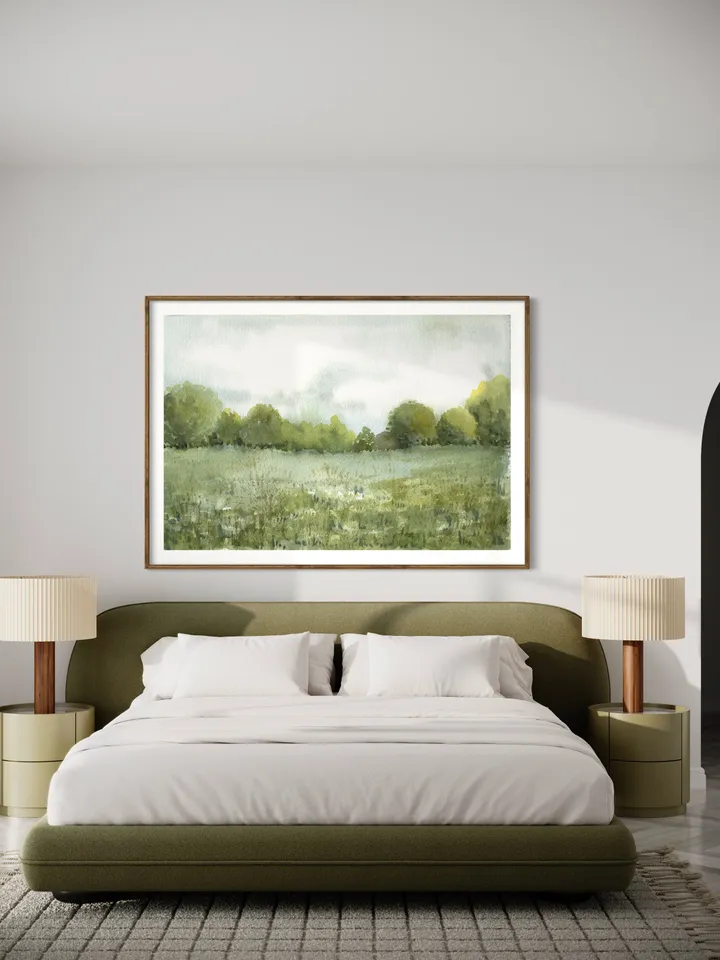 Neutral Landscape Watercolor Painting, Vintage Field Print, Country Landscape, Farmhouse Landscape, Home Decor Gift, Impressionist Art Print