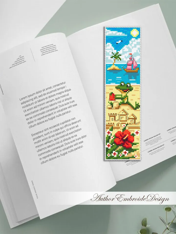 Summer bookmark cross stitch pattern PDF download Funny frog cross stitch chart, Beach bookmark pattern digital PDF, Sand castle #B450