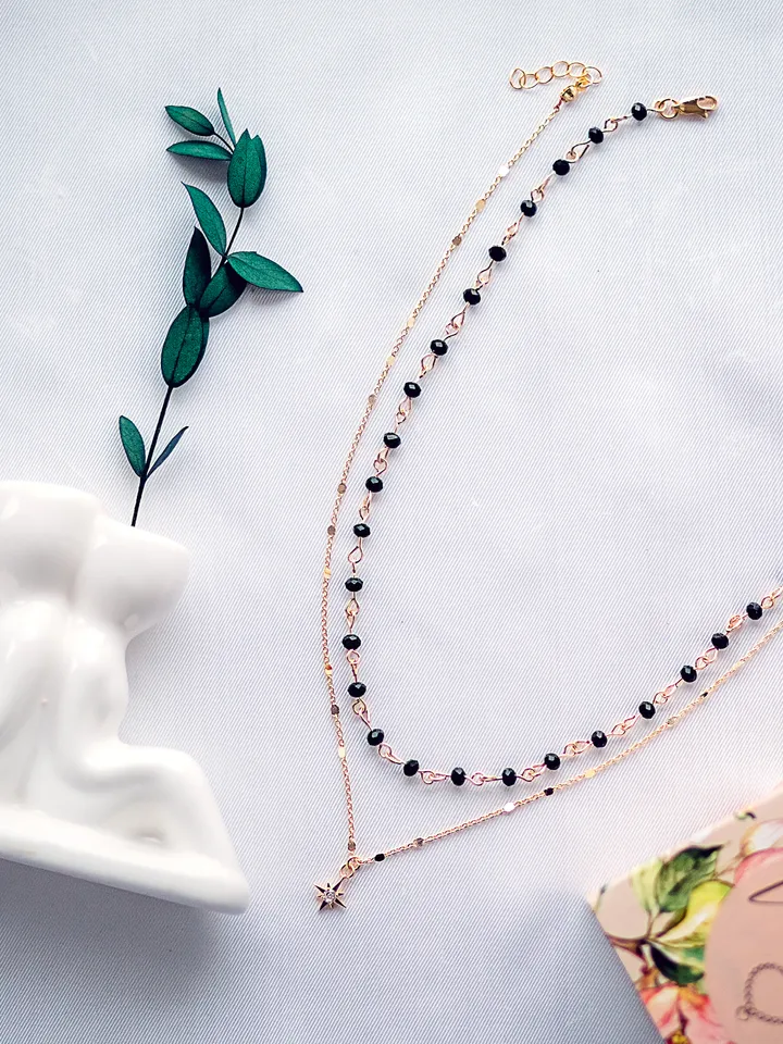 Black dainty beaded necklace, Double Layer Necklace, Dark necklace, Elegant layered jewelry