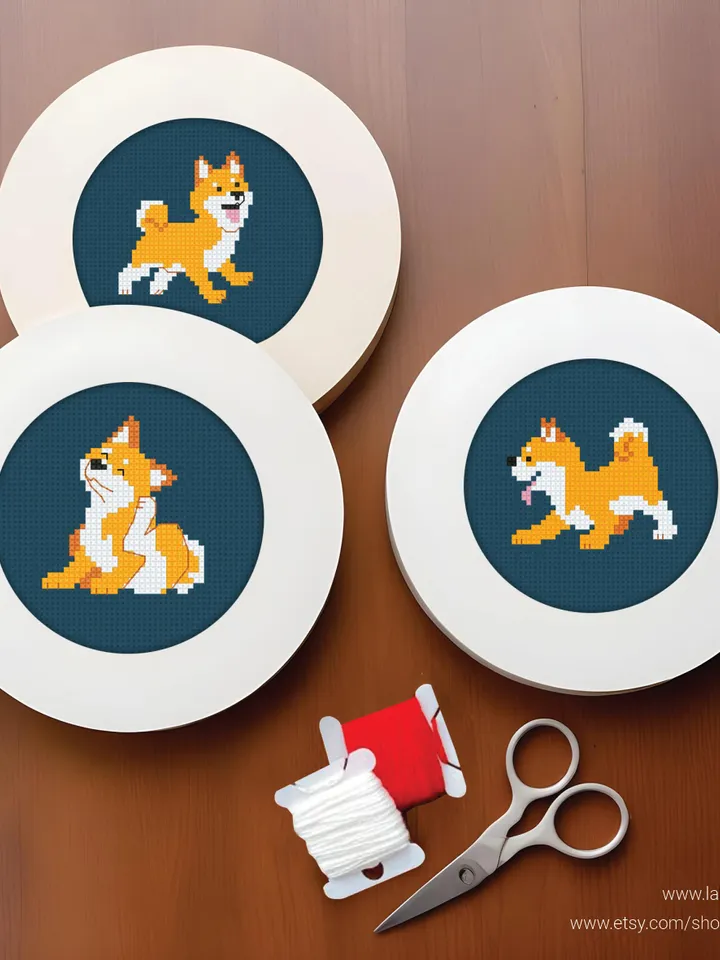 Bundle of 7 mini Shiba Inu dog Cross stitch patterns, puppy, pet, animals, beginner counted, modern chart, gift DIY, embroidery, instant PDF