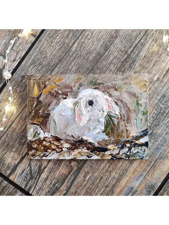 Rabbit Painting Bunny original art 3.5 by 5 in white rabbit wall art impasto artwork oil painting by Natalia Plotnikova