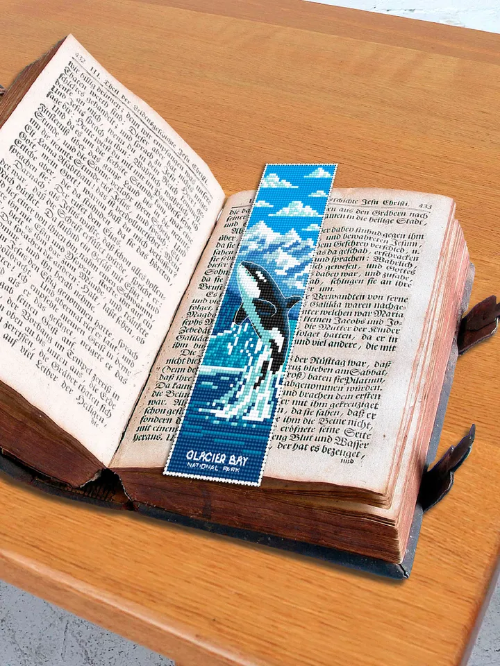 Ocean bookmark cross stitch pattern PDF download Killer whale cross stitch chart, Glacier bay national park bookmark pattern PDF, Orca #B183