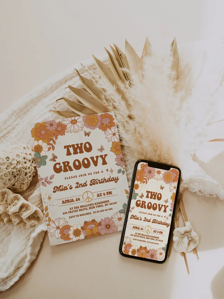 Two Groovy Baby Editable Any Age Pink Groovy Van Daisy Rainbow Hippie Birthday Invitation Let's get Groovy 1st Birthday Invitation ; gr4