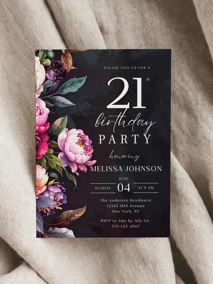 21st Birthday Invitation for women – Moody Burgundy & Blush Peony Floral Invitation, Elegant Dark Men Birthday Party Invite Canva Template