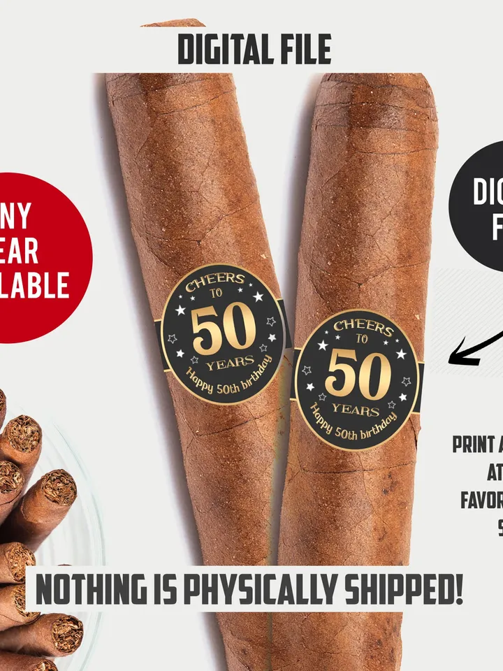 Cigar Labels 50th Birthday Cigar Band, Cheers to 50 years Cigar Labels, Men Cigar Party, Cigar Bar Printable Instant Download - ST001