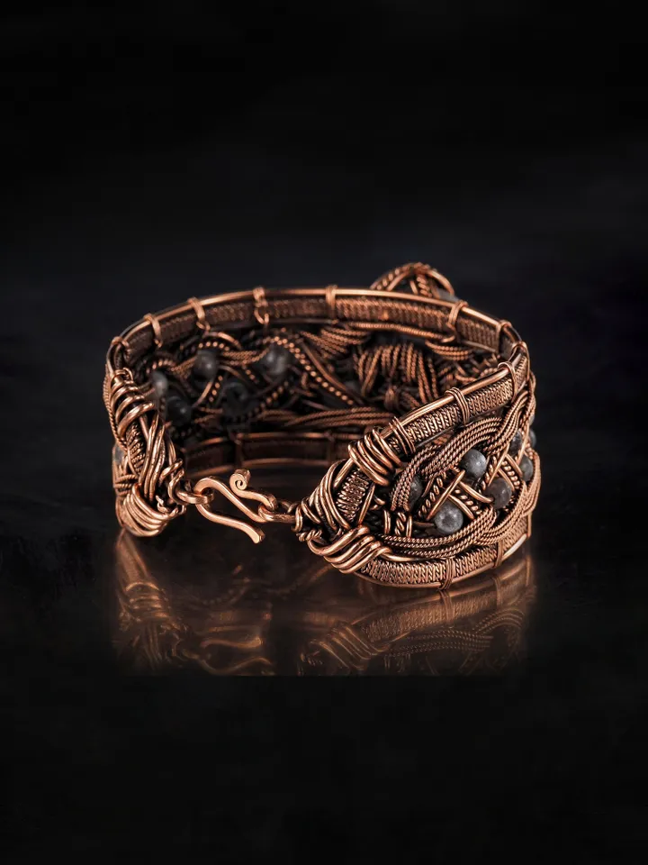 Copper wire wrapped larvikite bracelet Unique bangle 7th Wedding Anniversary