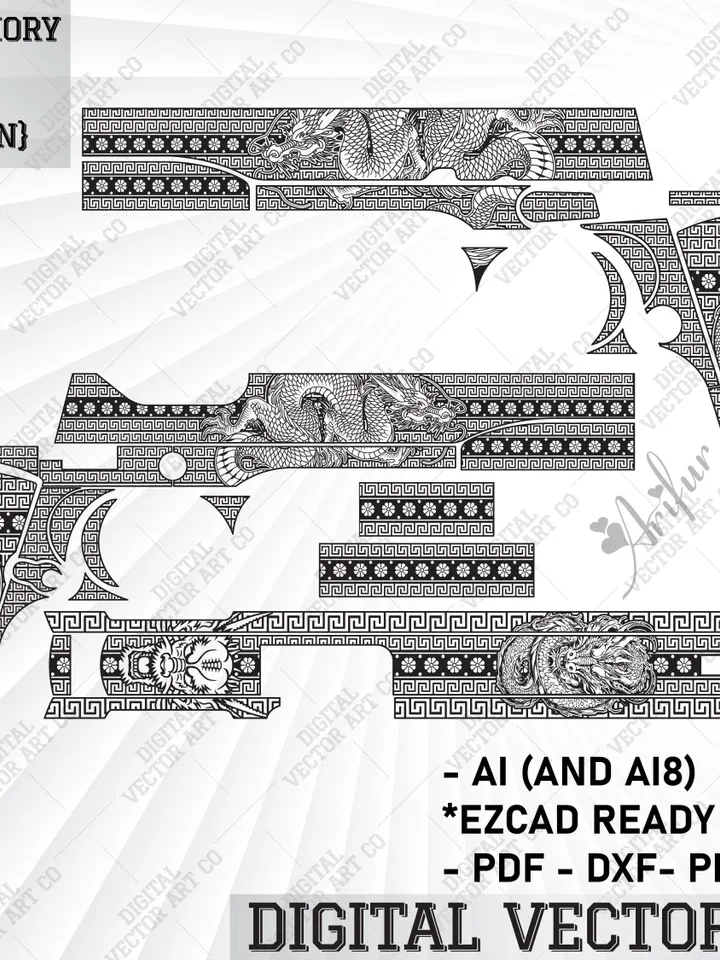 svg patterns,Springfield Armory Mil Spec Dragon engraving Design,engraving firearms, metal work, Stippling, Engraving, Vector, SVG. Ai8
