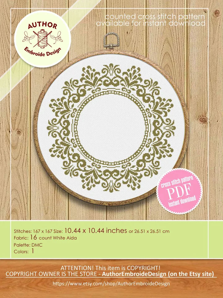 Monogram mandala cross stitch pattern PDF download, Round floral frame cross stitch, Mandala wreath cross stitch chart, Mandala border #Y9