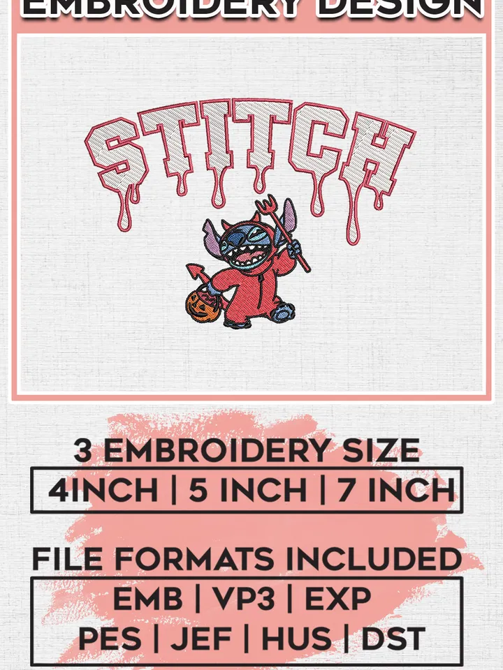 Chibi Devil Stitch Drop Name Embroidery designs, Lilo and Stitch Machine embroidery designs, Halloween embroidery files, Spooky Season Machine Embroidery Digitized Pes Files, Digital Download