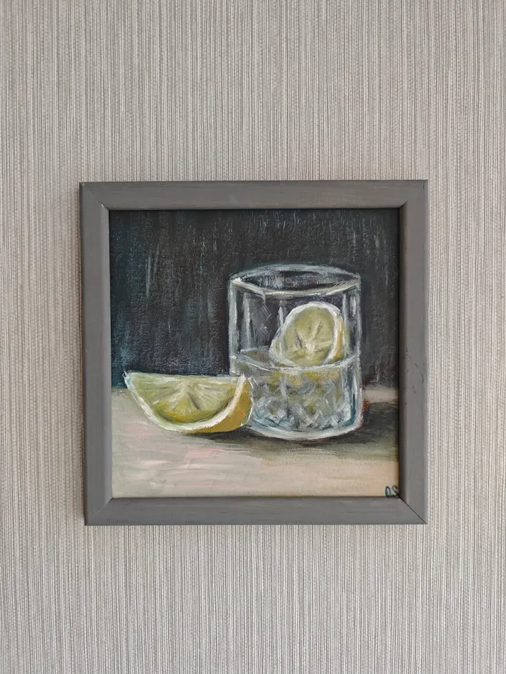 Lemon And Glass Original Painting Fruit Original Art Lemon In Glass Modern Artwork Piece Of Lemon And Glass Oil Painting Fruit Wall Art Decor 8 x 8 inches by OlgaSokolovaArt
