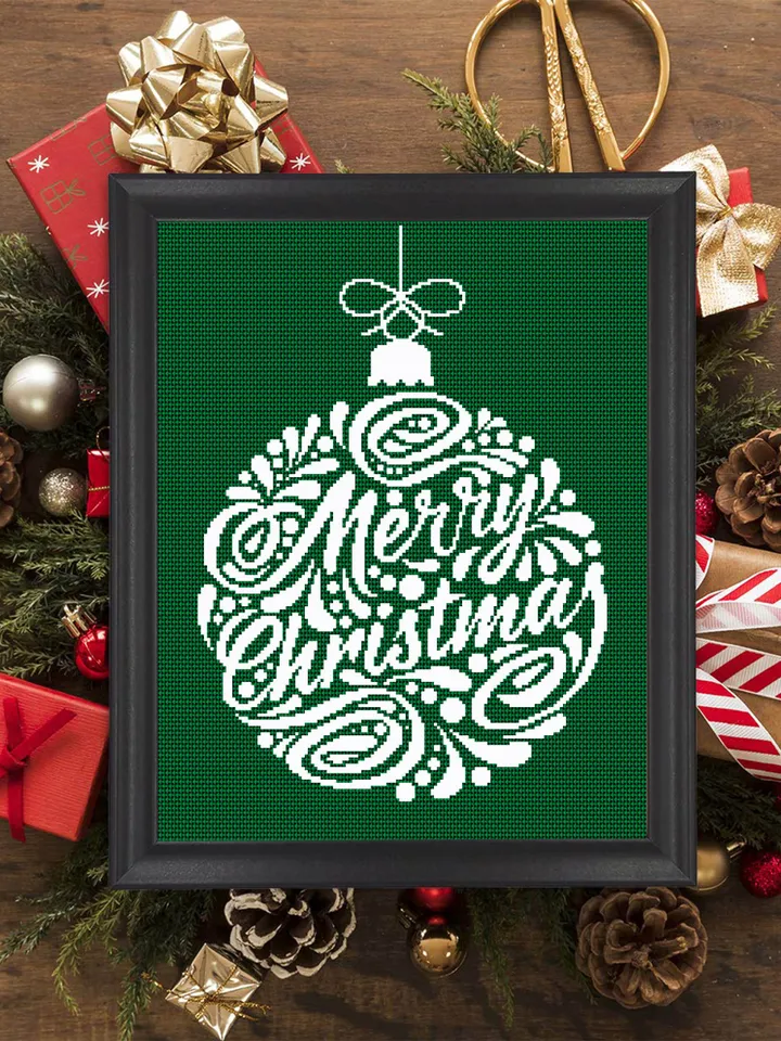 Merry Christmas cross stitch pattern download PDF, Christmas ornament cross stitch set, Winter holiday hand embroidery, Beginner stitch #S56