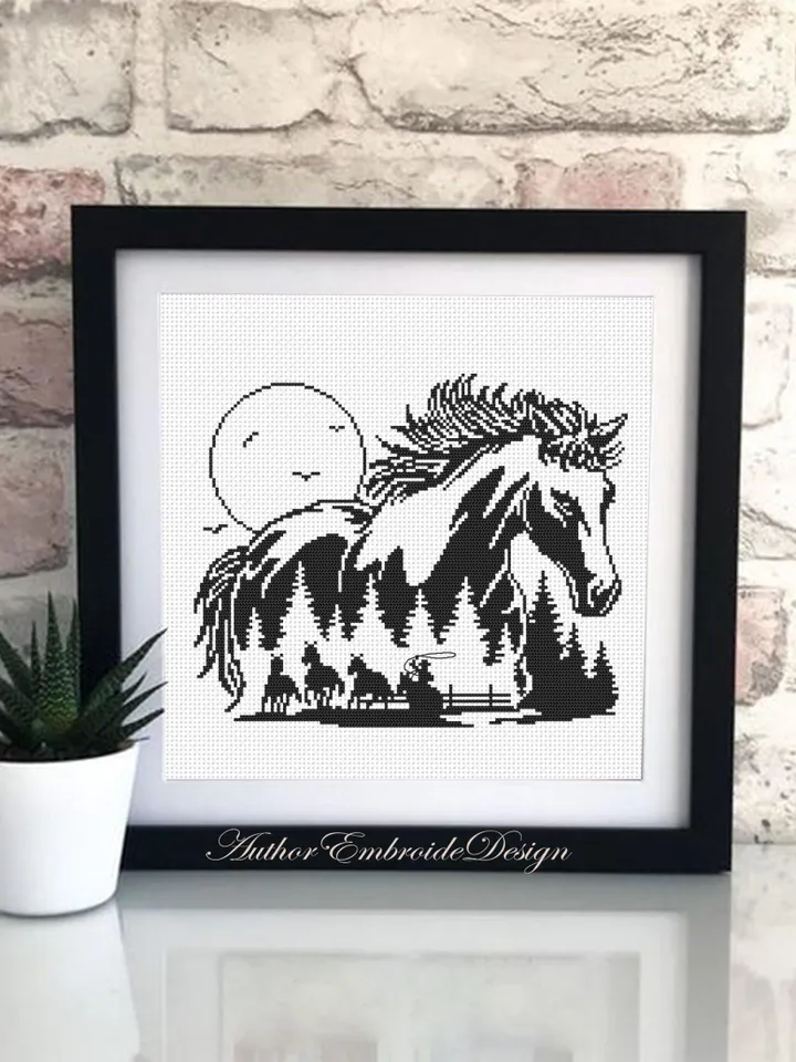 Horse cross stitch pattern PDF download Horse silhouette cross stitch chart, Monochrome nature pattern digital, Gift for horse lover #L84