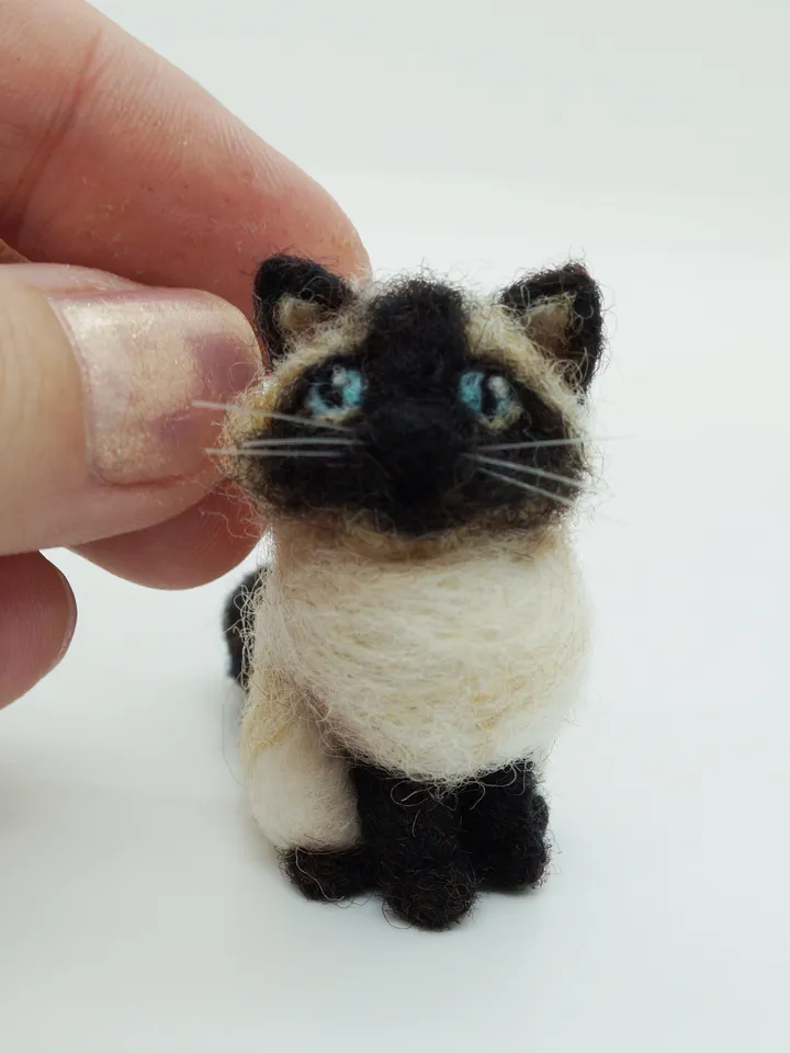 Miniature needle felted longhaired Siamese cat, made to order