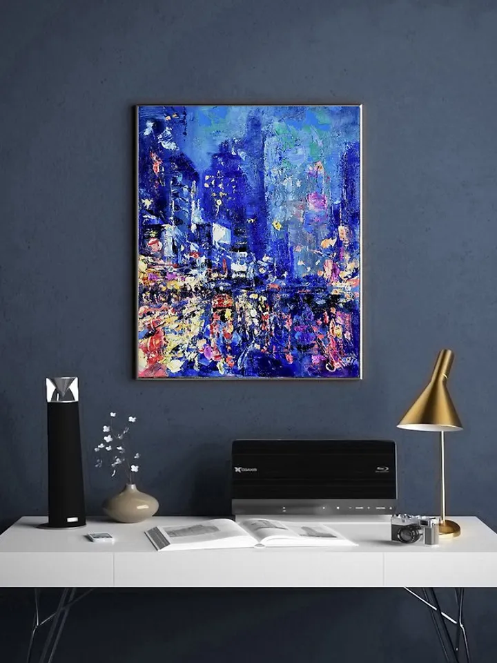 New York Painting Rainy NYC Original Art Night Street City Artwork 油畫原作
