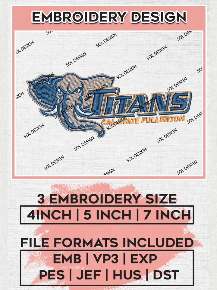 NCAA Cal State Fullerton Titans Team Logo Embroidery Design Files, NCAA Cal State Fullerton Titans Machine Embroidery, NCAA Teams, Game Day, 3 sizes, NCAA Machine embroidery designs, Digital Download