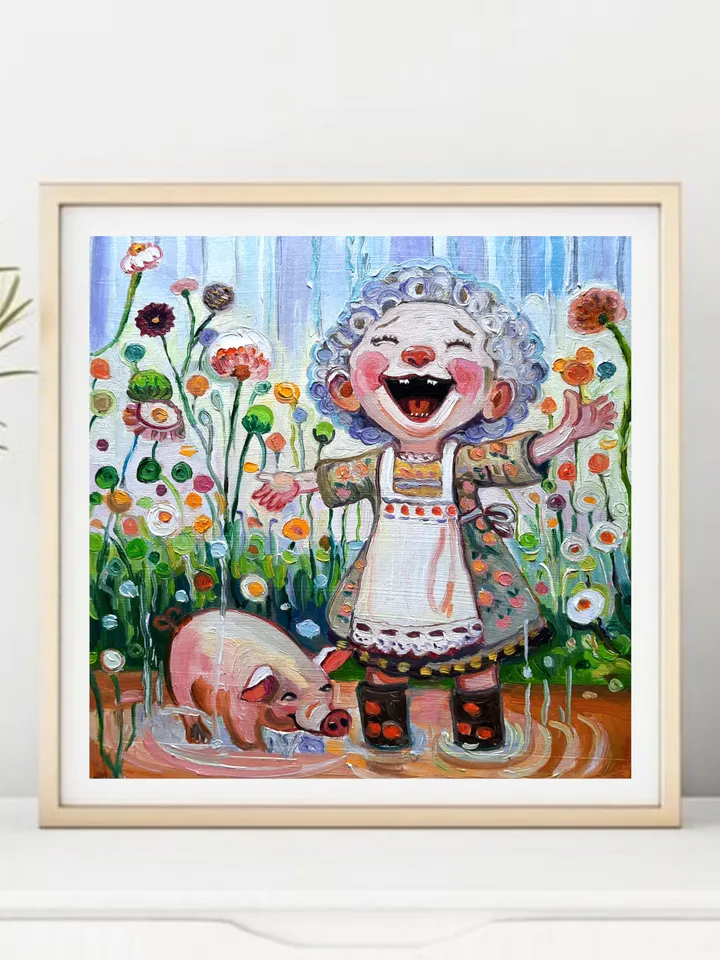 Funny Girl and Pig Original Oil painting 6 by 6 inch