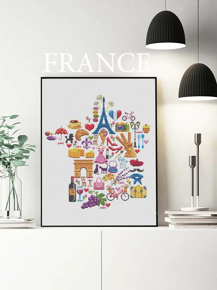 France map cross stitch pattern PDF download French sampler cross stitch chart, France pattern digital PDF, Paris cross stitch #E7